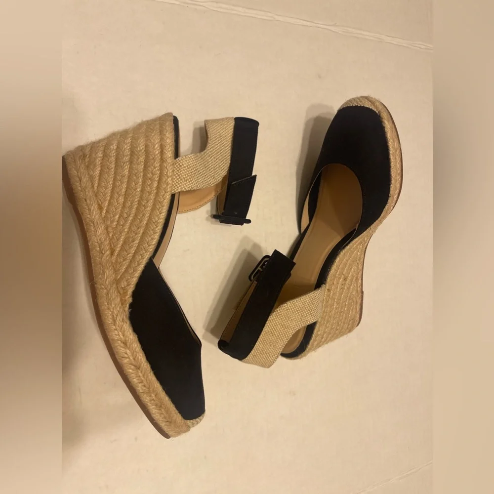 LOFT Black and Natural Espadrille Wedge Sandals
